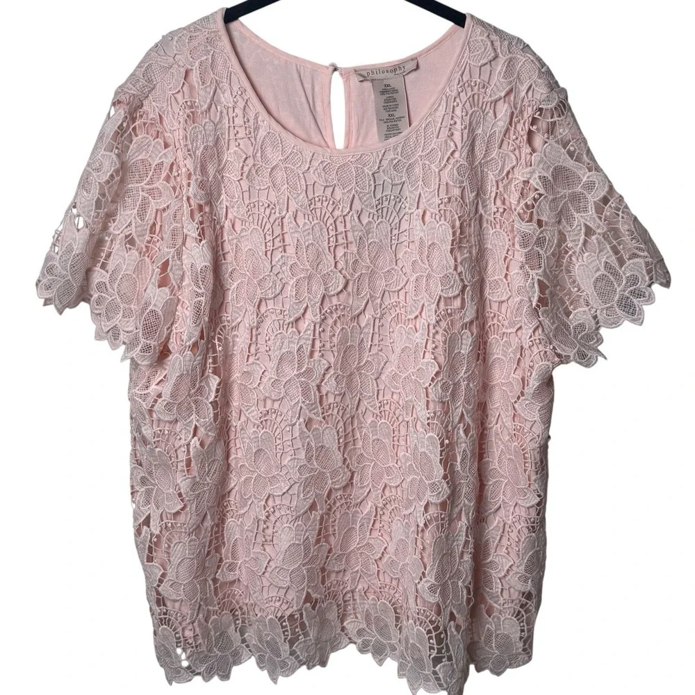 NEW‎ Philosophy Blush Pink All Over Lace Floral Blouse Feminine Dainty Fairy XXL